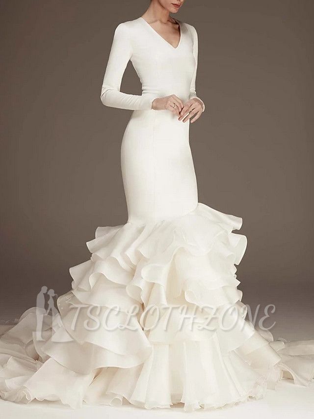 Modern Elegant Mermaid Wedding Dress V-neck Satin Long Sleeve Plus Size Bridal Gowns with Sweep Train