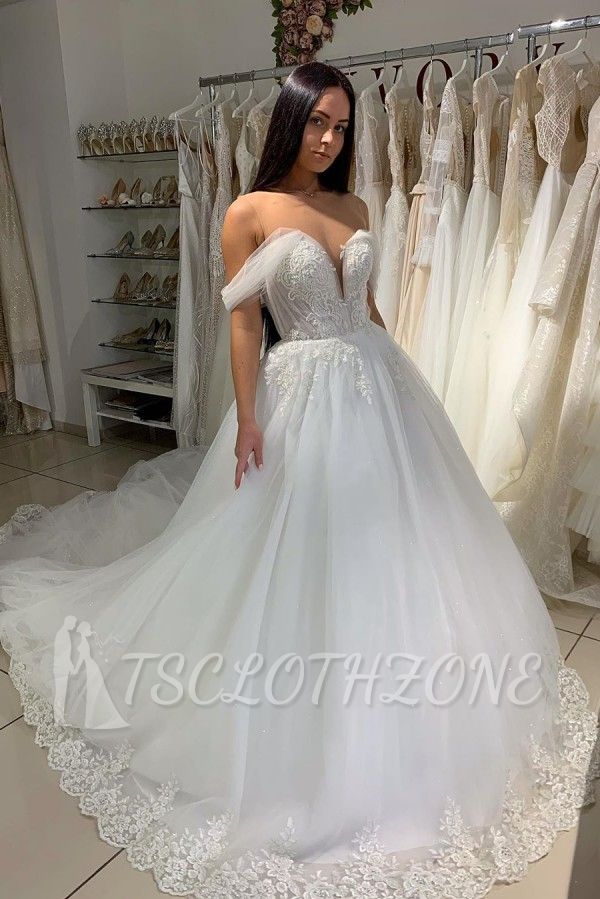 Elegant Off-the-shoulder White Sweetheart Puffy A-line Wedding Dresses