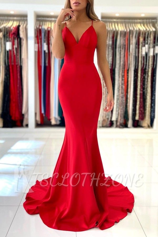Einfaches rotes Spaghetti-Träger-V-Ausschnitt-Meerjungfrau-Abendkleid | Günstiges rotes Meerjungfrau-Abschlussballkleid