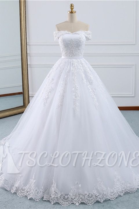 TsClothzone Affordable White Off-the-shoulder Lace Wedding Dresses With Appliques Tulle Ruffles Bridal Gowns On Sale