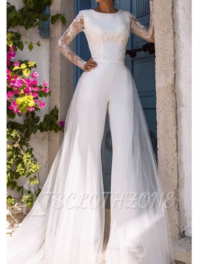 Modern Jumpsuits Wedding Dress Jewel Lace Tulle Long Sleeves Bridal Gowns with Court Train