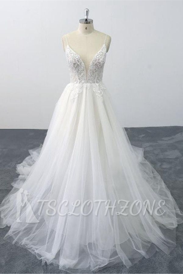 TsClothzone Sexy Spaghetti Straps Tulle Lace Wedding Dress V-Neck Ruffles Appliques Bridal Gowns Online