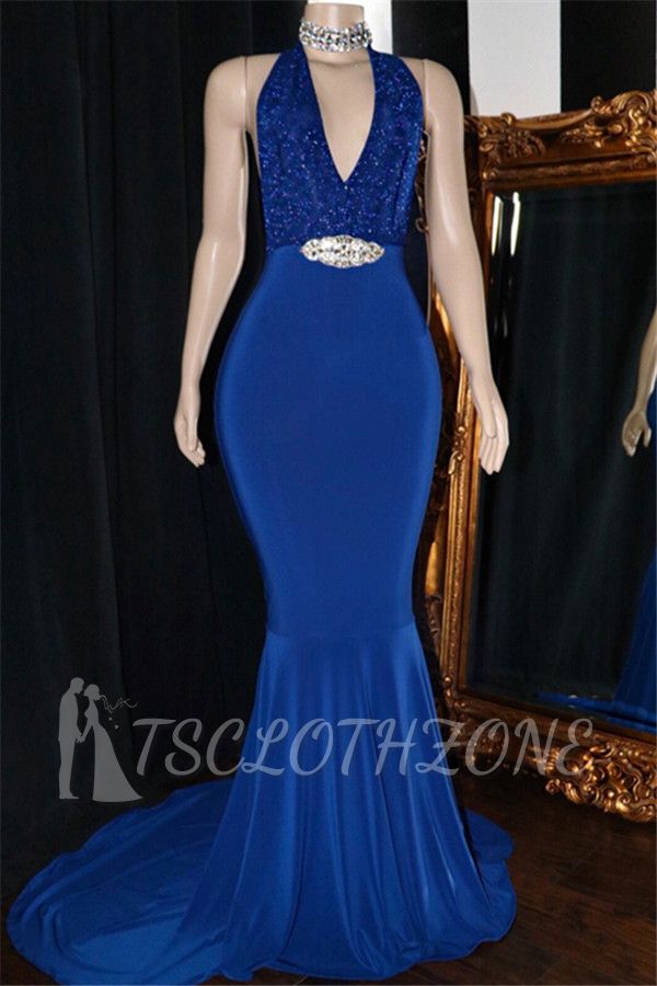 Blaue Pailletten Ballkleider mit V-Ausschnitt | Elegantes rückenfreies Abendkleid mit Kristallen