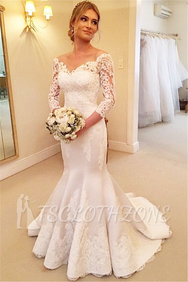 Sexy Mermaid V-Neck 3/4 Long Sleeve Wedding Dress White Lace Plus Size Bridal Gowns