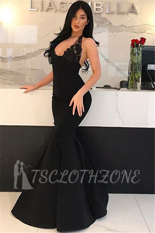 Sexy schwarze Ballkleider mit V-Ausschnitt 2022 | Günstiges Abendkleid mit offenem Rücken und Neckholder