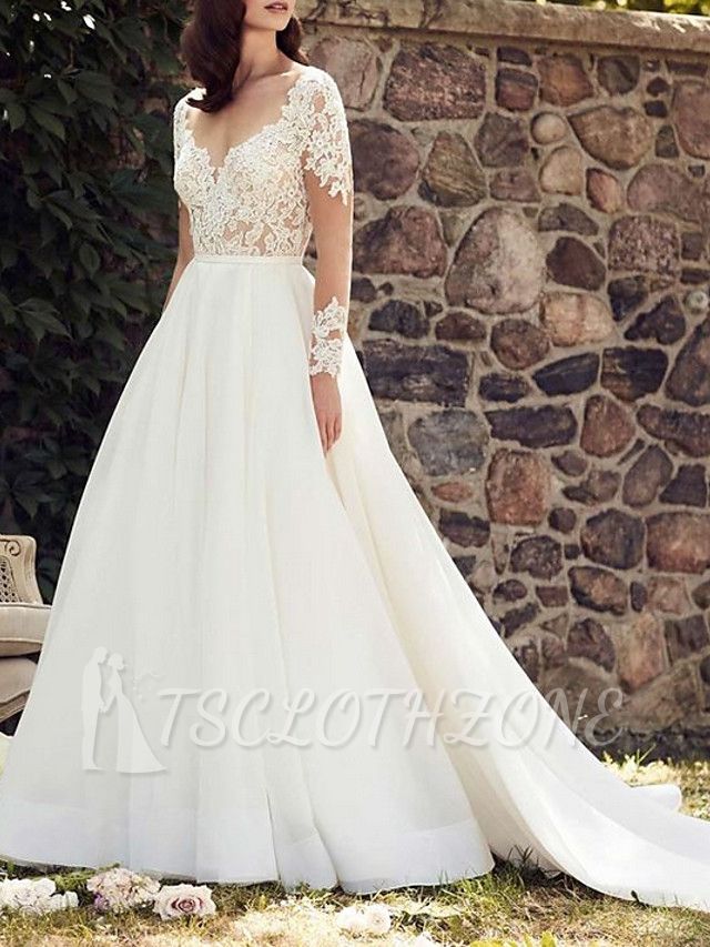 A-Line Wedding Dress V-Neck Lace Tulle Long Sleeve Bridal Gowns Court Train