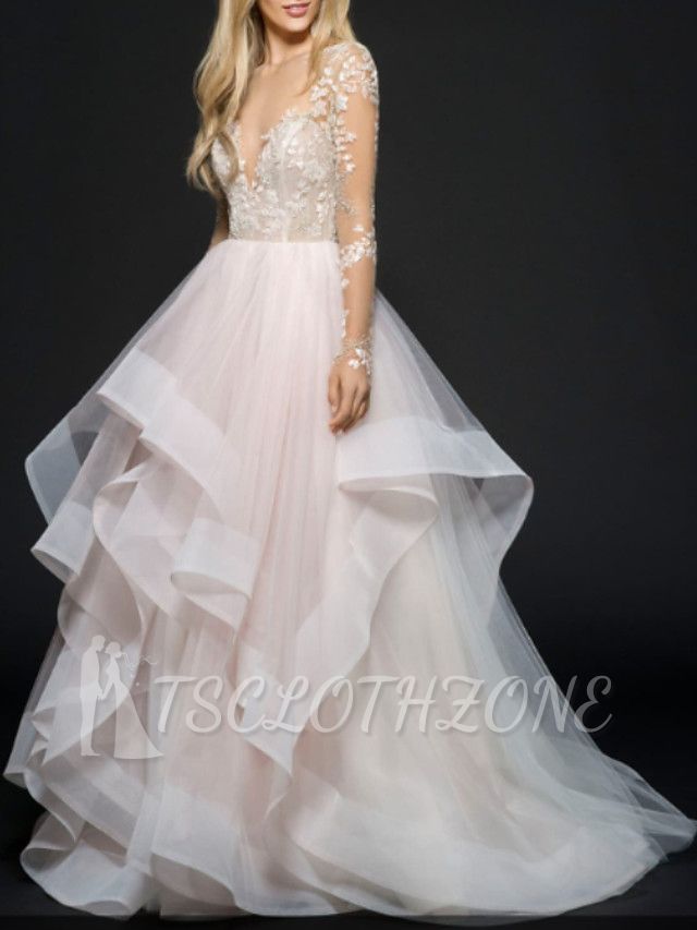 A-Line Wedding Dress V-Neck Lace Tulle Long Sleeve Bridal Gowns On Sale