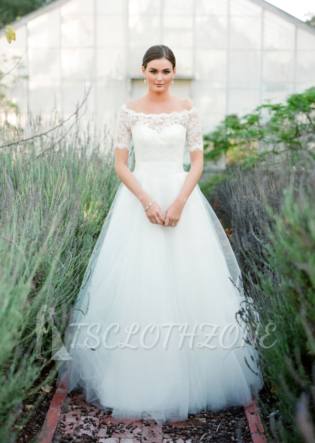 New Arrival Bateau Short Sleeve Lace Wedding Dresses A-Line Tulle Plus Size Bridal Gown