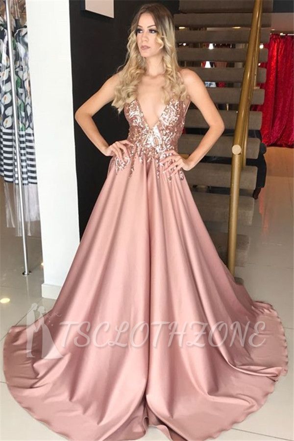 Pink Deep V-Neck Sleeveless Evening Dresses Long | 2022 Sexy Sequins Prom Dresses