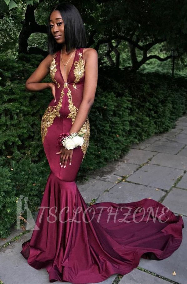 Burgundy V-Neck Prom Dress, Mermaid Evening Dress BA8082