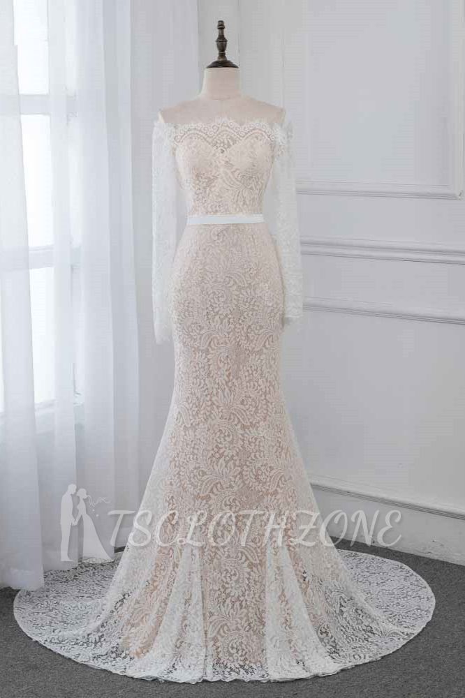 TsClothzone Boho Off-the-Shoulder Champagne Wedding Dresses Long Sleeves Mermaid Appliques Bridal Gowns