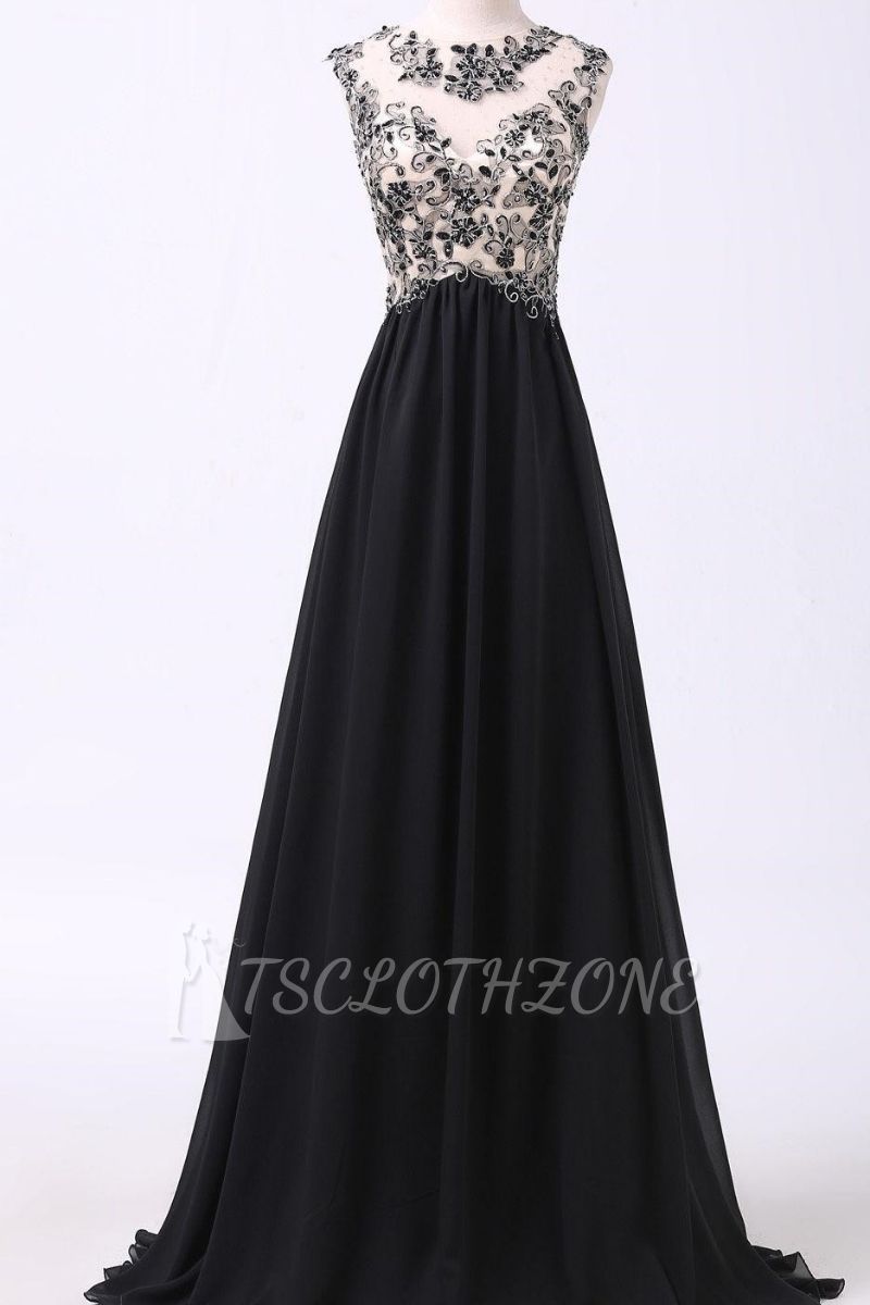 Elegant Black Chiffon Long Evening Dress Popular Lace Plus Size Prom Gown