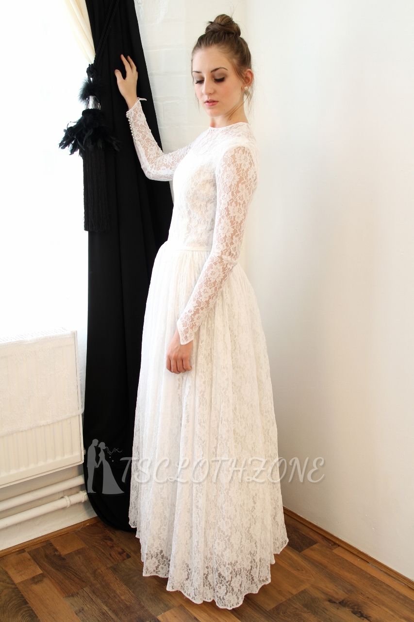 Vintage A-Line Lace Floor Length Wedding Dress Elegant Simple White Long Sleeve Bridal Gowns