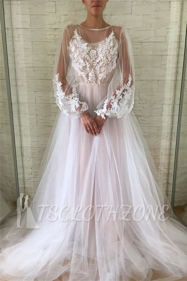Chic See Through Tulle Lace Appliques Evening Gowns | Stylish Bubble Sleeves Long Prom Dresses
