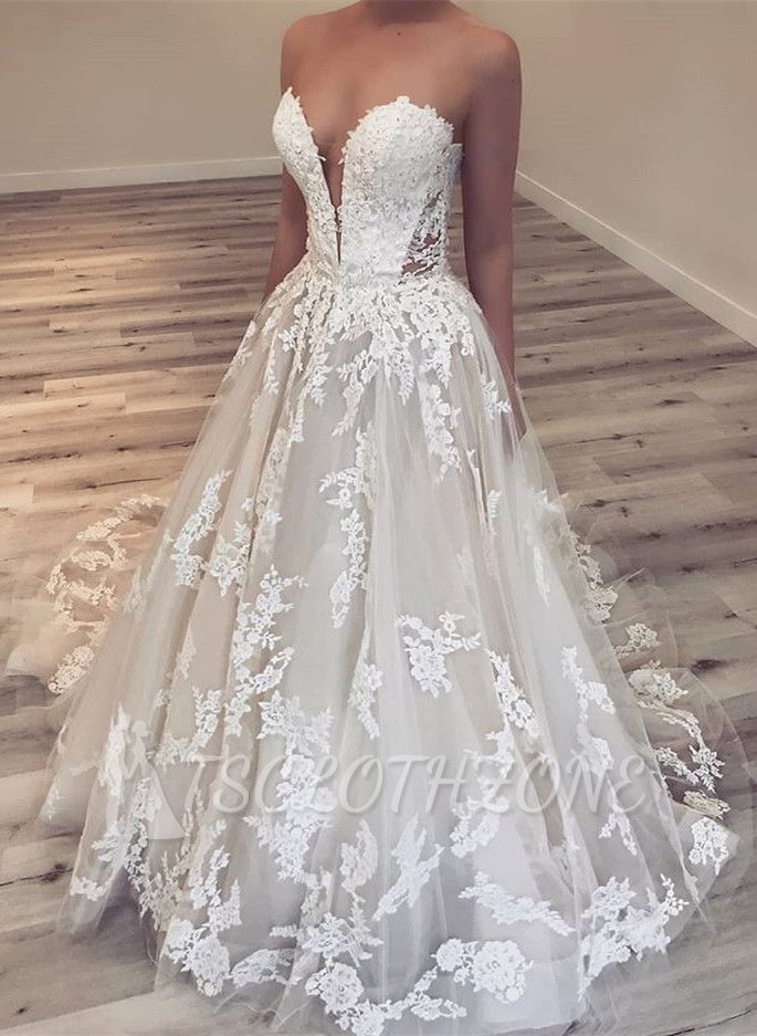 Elegant Sweetheart Strapless Lace Applique Wedding Dress | Princess A-Line Bridal Gowns