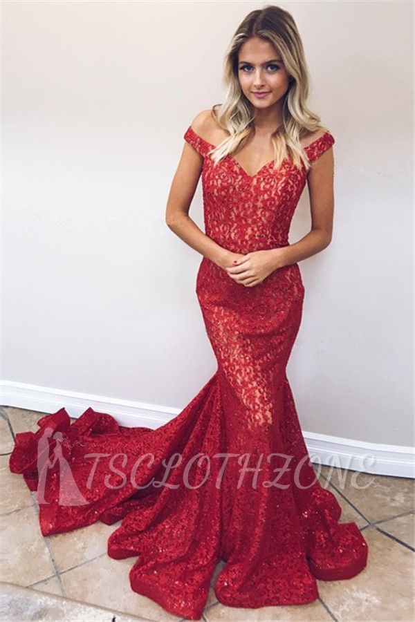Red Off the Shoulder Lace Evening Dresses | 2022 Sexy Mermaid Court Train Prom Dresses Cheap