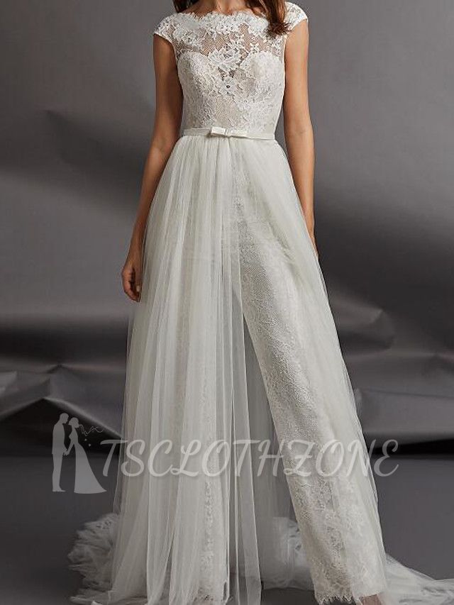 Country Jumpsuits Hochzeitskleid Juwel abnehmbare Spitze Tüll Flügelärmel Plus Size Brautkleider