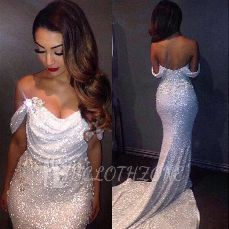 Off Shoulder Mermaid Prom Dress Sequins White Long Evening Dress with Flowers