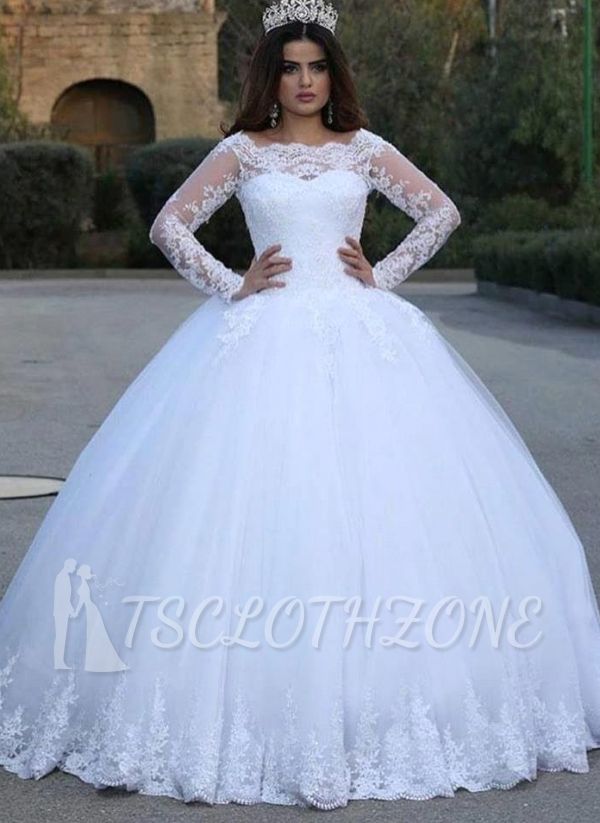 Elegant White Long Sleeve Lace Appliques Ball Gowns Scoop Neck Wedding Dress