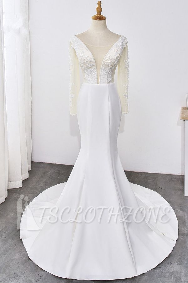 TsClothzone Einfaches Satin-Meerjungfrau-Juwel-Hochzeitskleid Tüll-Spitze mit langen Ärmeln Brautkleider im Angebot