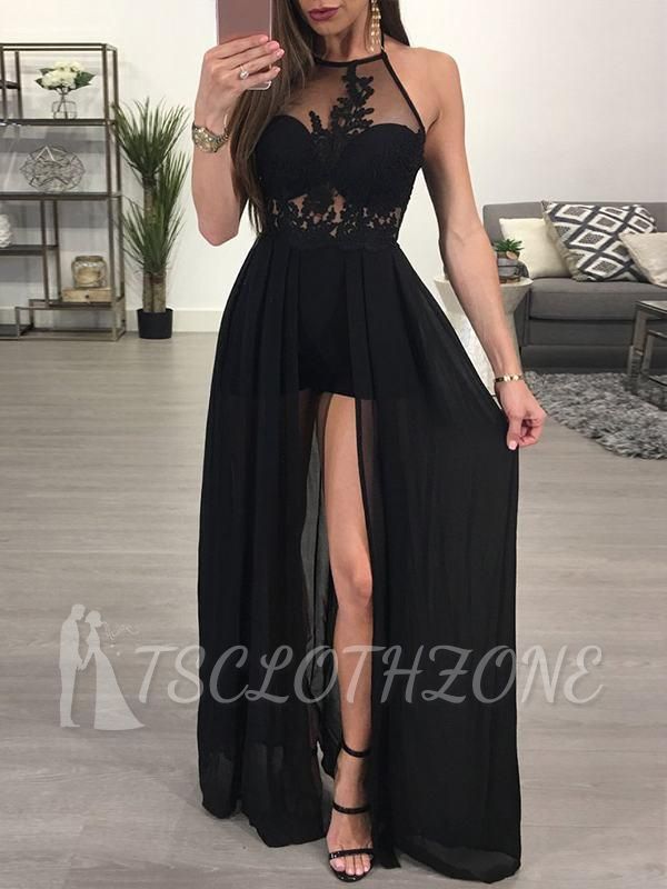 2022 A-Line Black Prom Dresses Halter Appliques Floor Length Evening Gowns