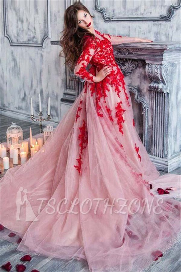 Abendkleider aus roter Spitze mit langen Ärmeln 2022 Atemberaubendes formelles Abendkleid aus rosa Tüll