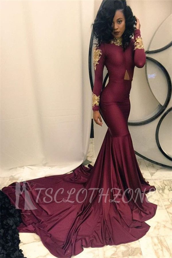 Gold Appliques Burgund Mermaid Abendkleid High Neck Long Sleeves Prom Kleider qq0103