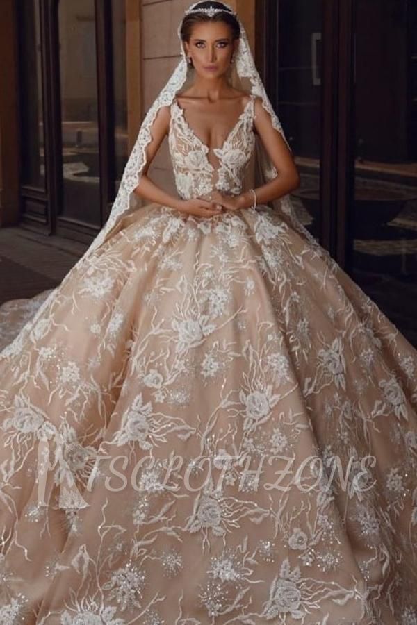 Glamorous V-Neck Sleeves Floral Pattern Ball Gown  Champagne Aline Wedding Gowns