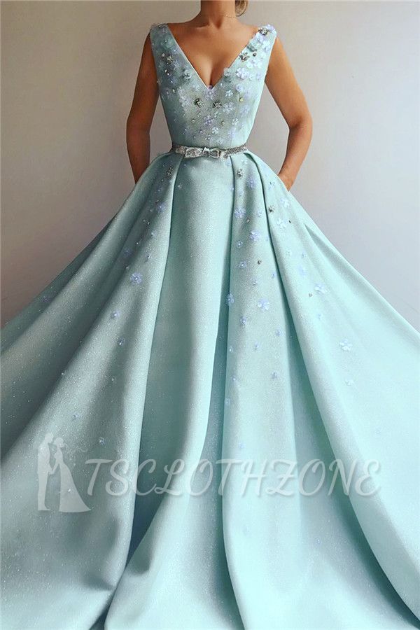 Exquisite Sequins V Neck Sleeveless Prom Dress | Chic Flowers Pearls Long Prom Dress with Beading Sash