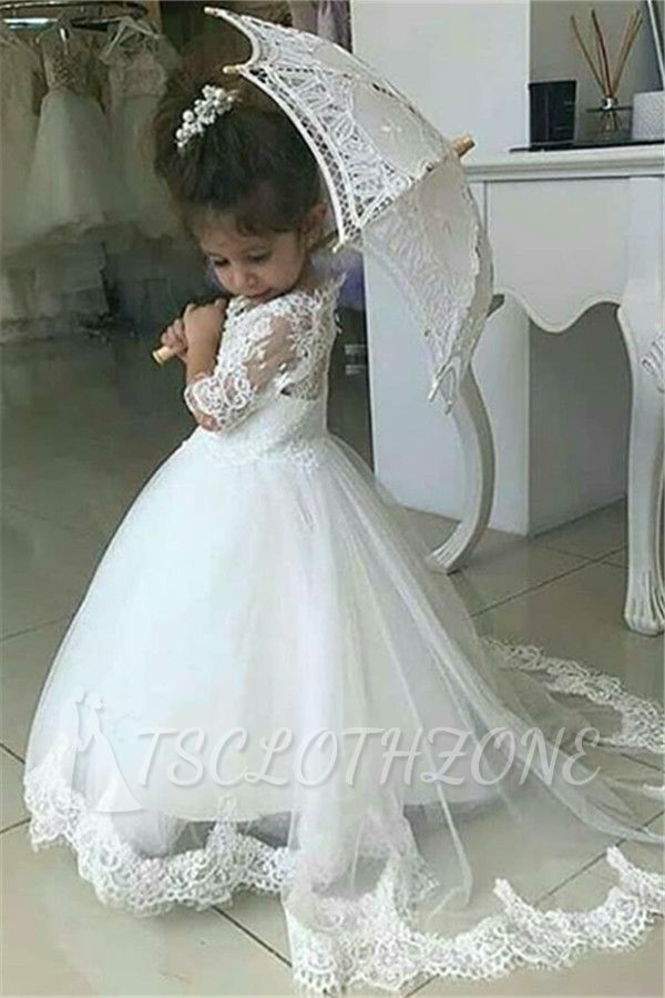 Cute Half Sleeves Lace Flower Girl Dresses | Tulle Ball Gown Wedding Party Dresses