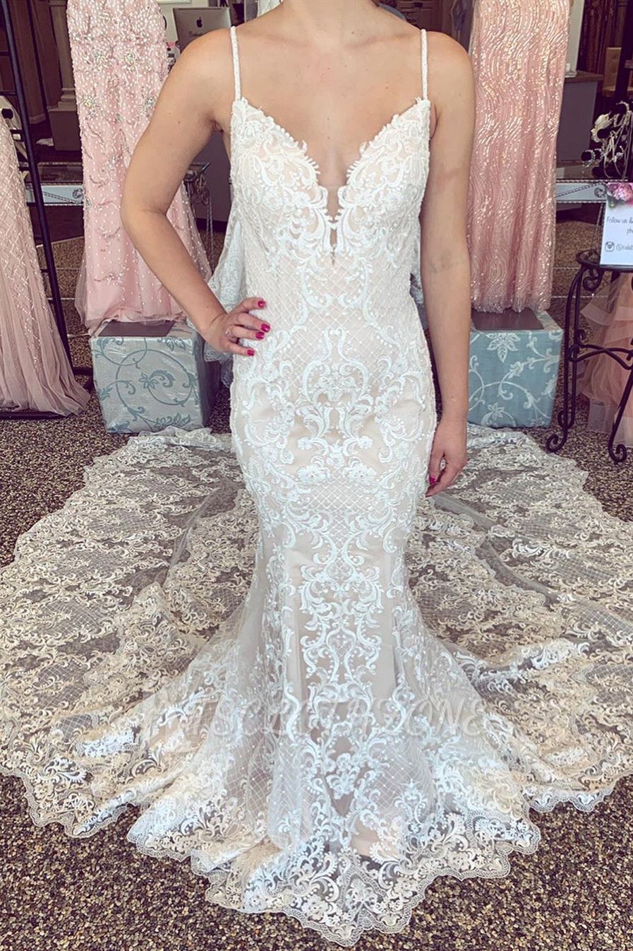 Luxury Lace Beading Chapel Train Champagne Wedding Dress | Cute Spaghetti Straps V Neck Sleeveless Long Bridal Gown