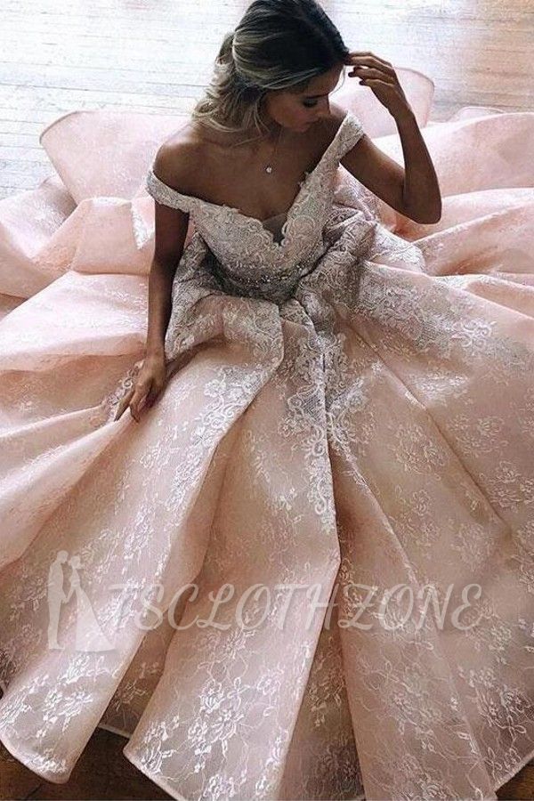 Gorgeous Off Shoulder Floral Lace Bridal Gown with Sweep Train