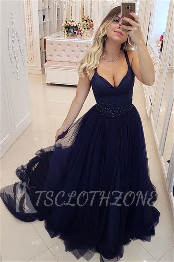 Dark Navy V-Neck Tulle Evening Dresses | Sleeveless Beadings Prom Dresses 2022
