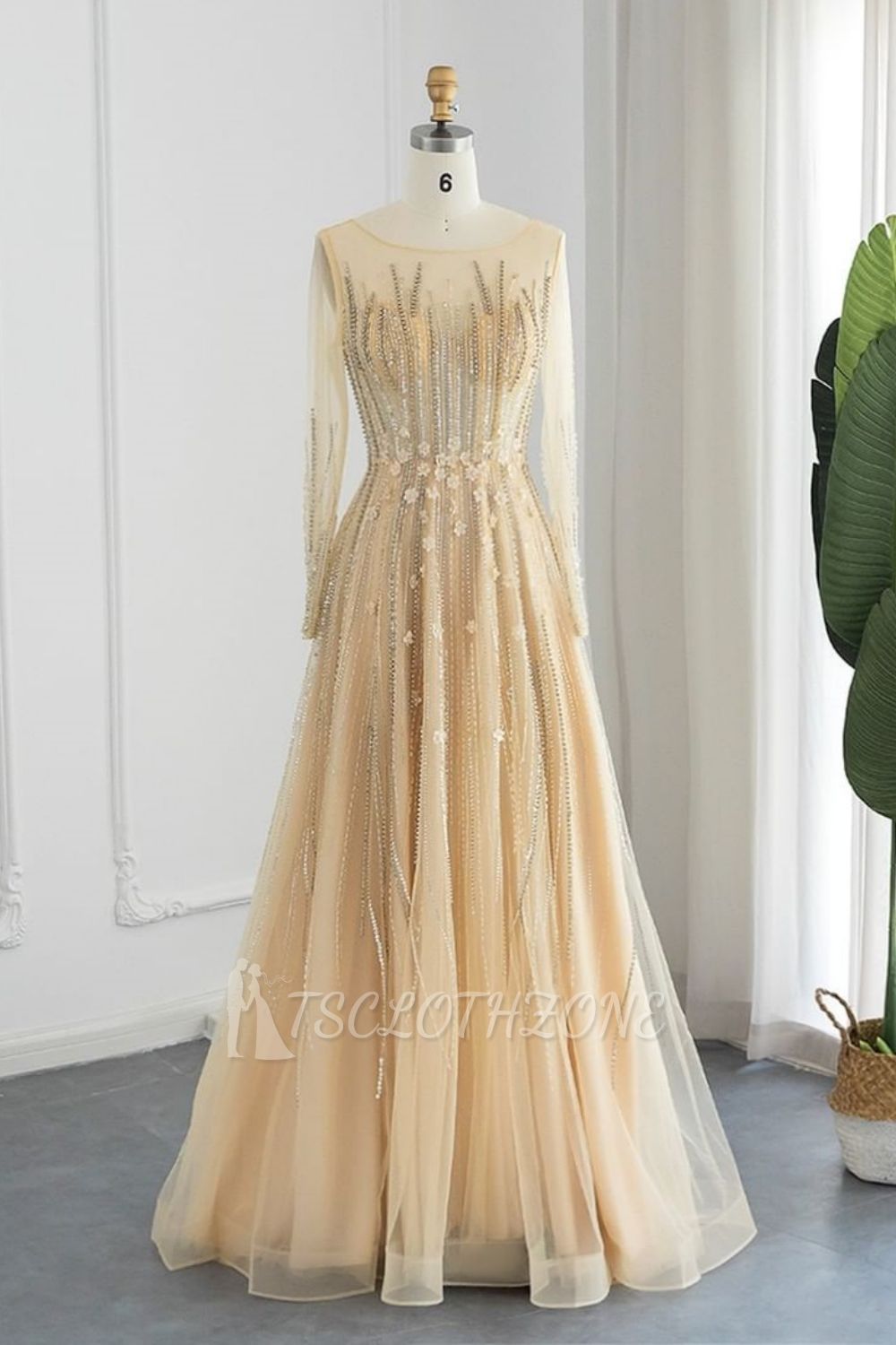 Erstaunliches Juwel-Pailletten-Abendkleid mit langen Ärmeln und Tüll-Aline-Abendkleid