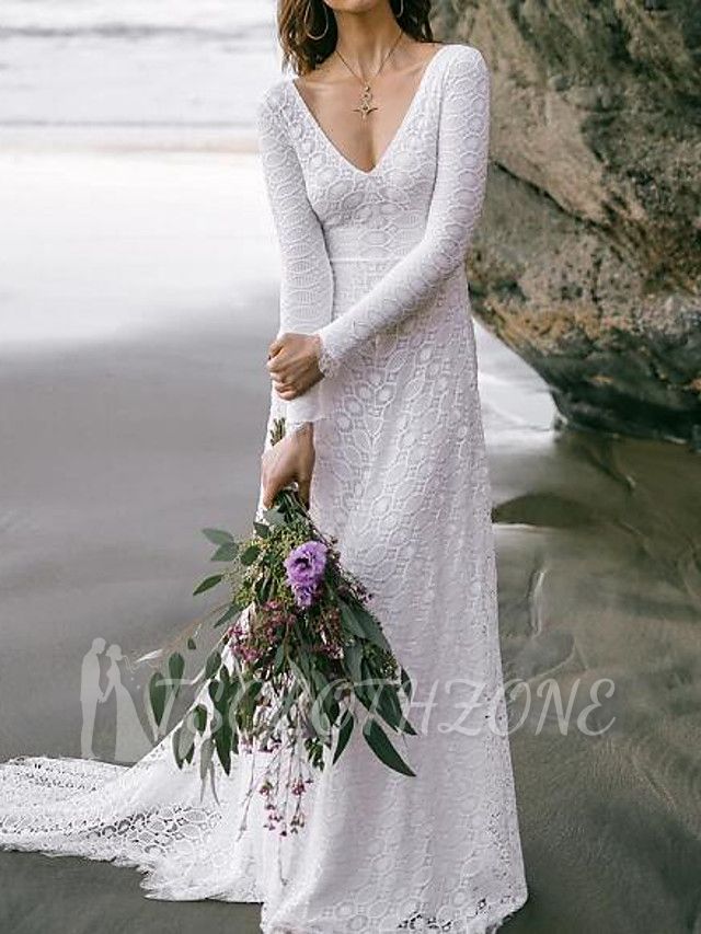 Boho Sexy Backless A-Line Wedding Dress V-neck Lace Long Sleeve Bridal Gowns with Sweep Train