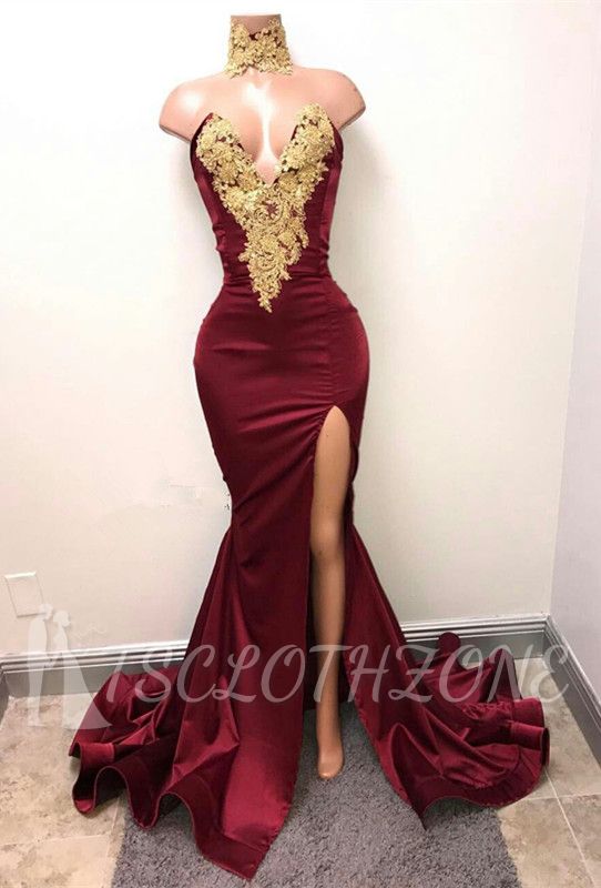 Lace Appliques Mermaid Burgundy Evening Gown 2022 Front Split High Neck Sexy Prom Dress