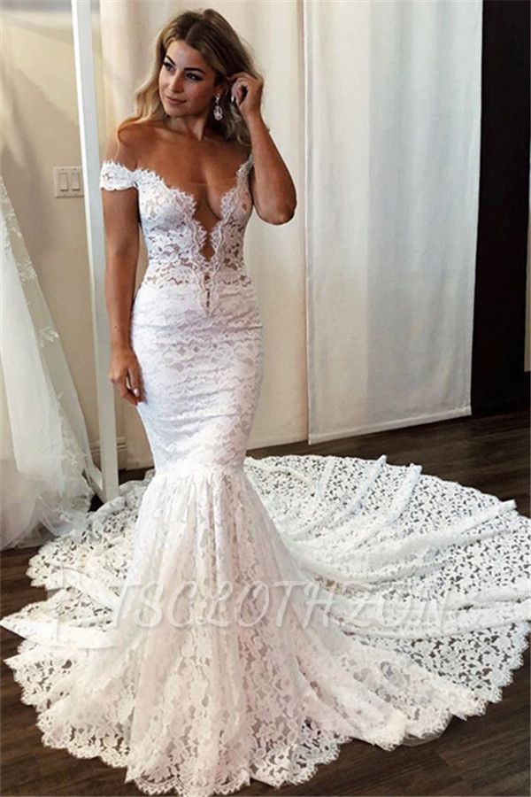 Simple Lace Mermaid Wedding Dresses | Sexy Off-the-Shoulder Bridal Gowns 2022