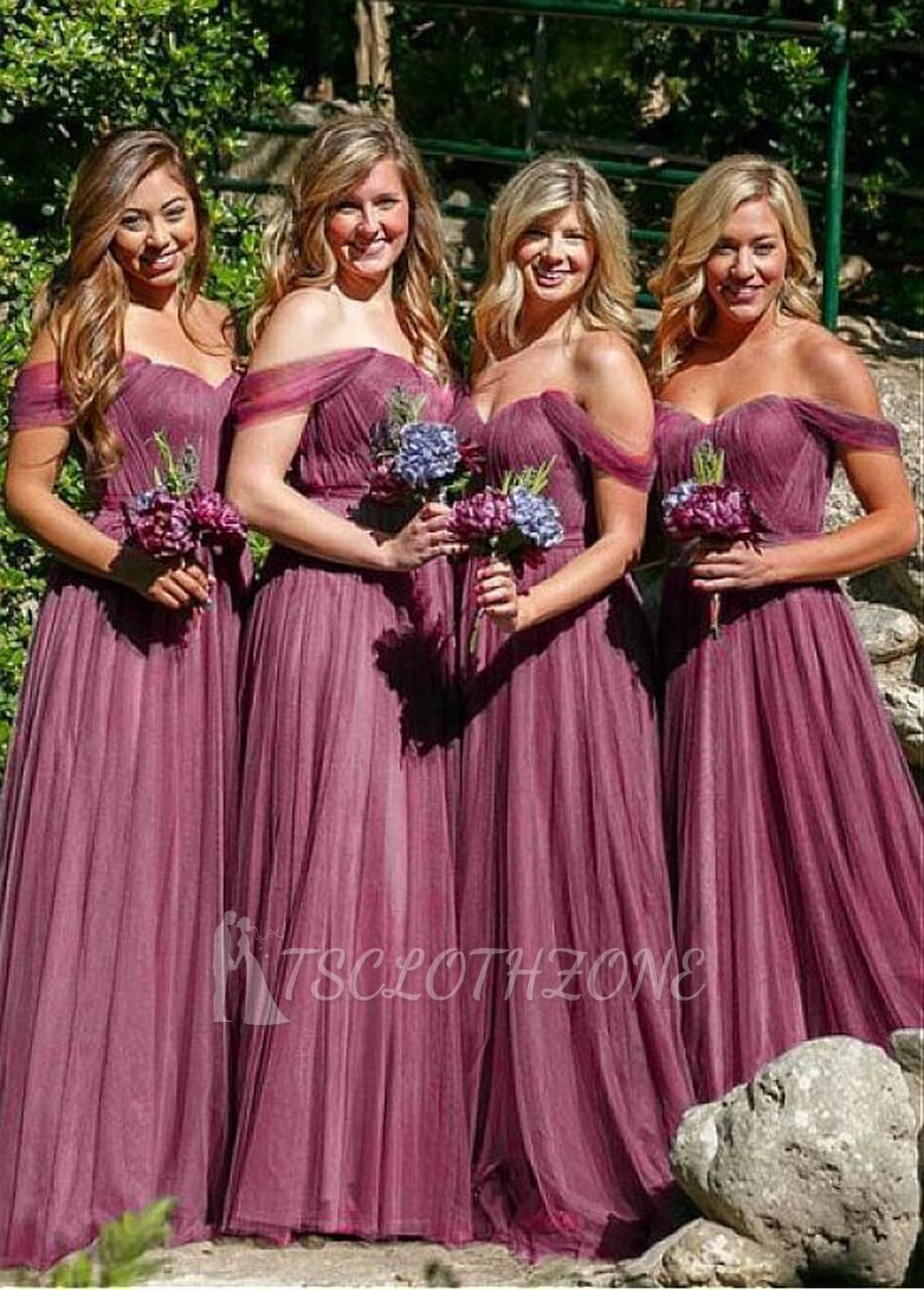 Shop Cheap Tulle Off-the-shoulder Purple Floor-length A-line Bridesmaid Dress