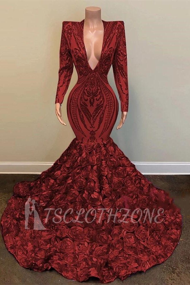 Burgundy long sleeves deep v-neck sequin prom dress