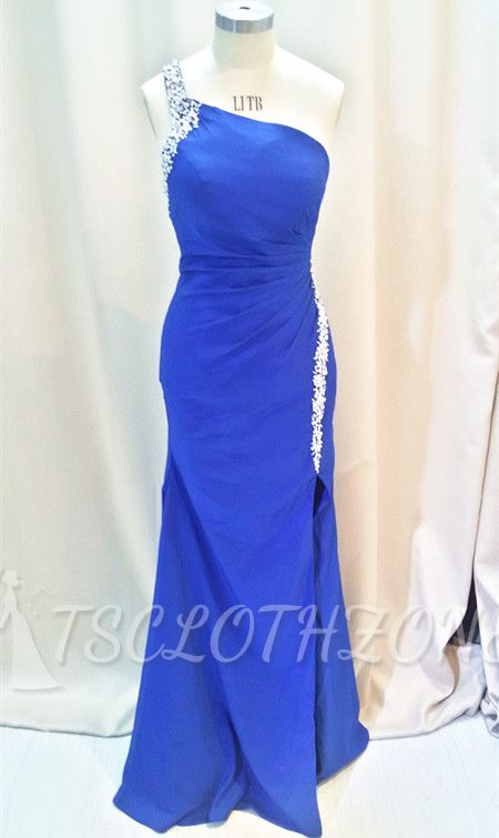 Formal Crystal One Shoulder Royal Blue Long Dresses for Juniors Chiffon Fitted Cheap Modest Zipper Prom Dresses