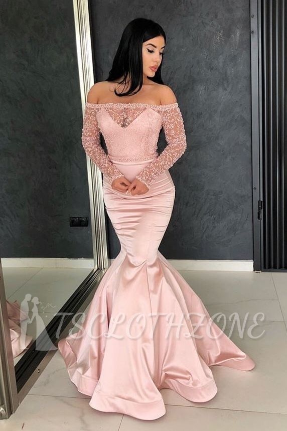Glamorous Mermaid Off-the-Shoulder Prom Gowns | Long Sleeve Lace Evening Dresses