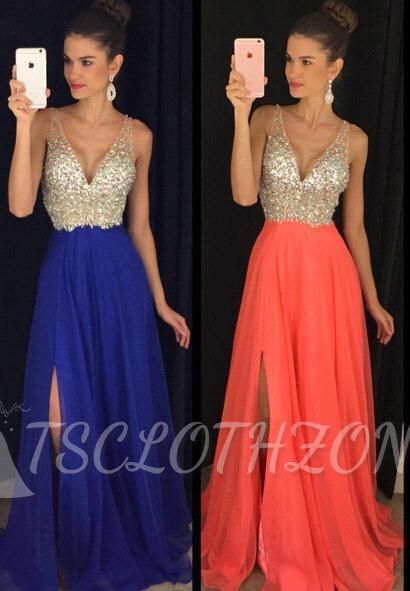 Sexy V-neck 2022 Prom Dresses Long Side Slit Chiffon Evening Dress with Sequins