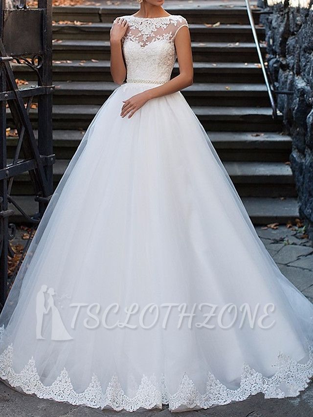 Vintage A-Line Wedding Dress Bateau Lace Cap Sleeve Glamorous Bridal Gowns Illusion Detail Backless with Sweep Train