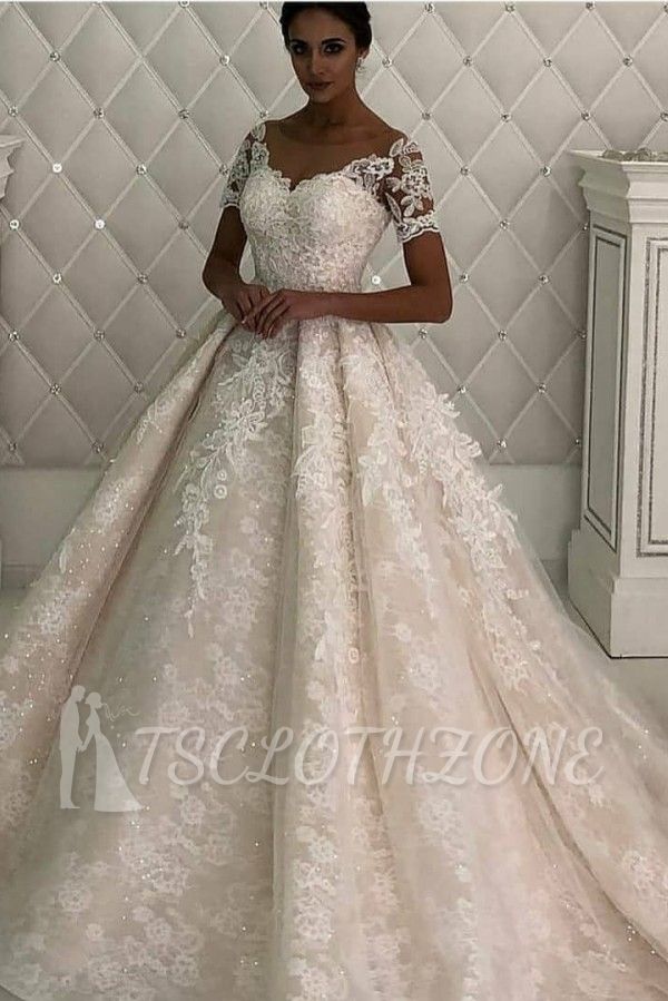Gorgeous A line Lace short sleeves V-neck Ivory wedding dress