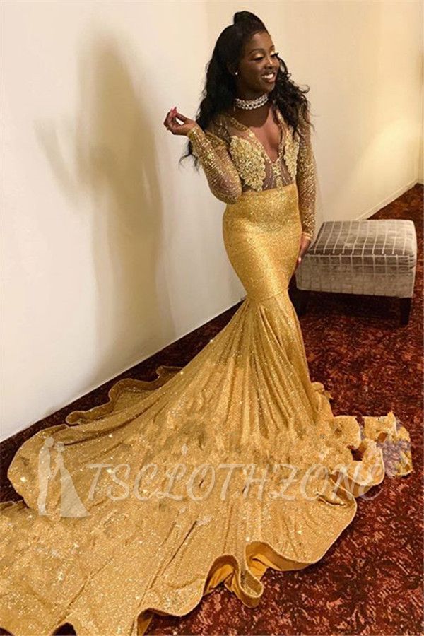 Sparkling Appliques Fit and Flare Prom Dresses | Alluring Sexy V-neck Gold Long Sleeve Evening Gowns