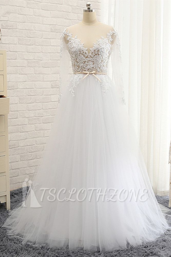 TsClothzone Affordable White Tulle Ruffles Lace Wedding Dresses Jewel Longsleeves Bridal Gowns With Appliques On Sale
