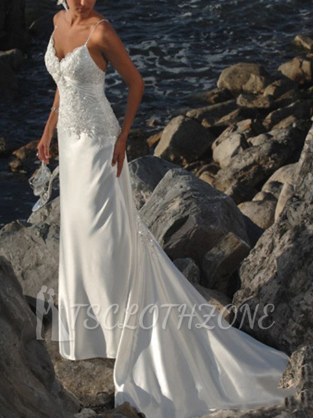 Formal Mermaid Wedding Dress V-Neck Lace Sleeveless Beach Bridal Gowns Sweep Train