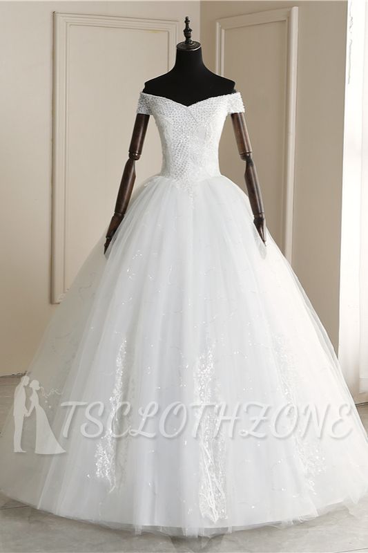 TsClothzone Erschwingliches schulterfreies Hochzeitskleid aus Tüll mit Herzapplikationen, ärmellose Brautkleider mit Perlen
