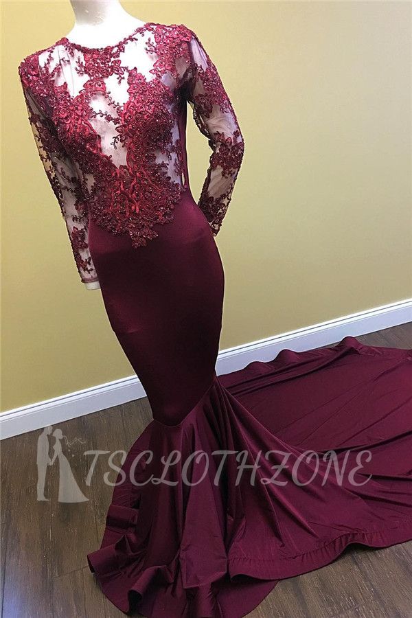 See Through Beaded Lace Appliques Burgundy Prom Dresses 2022 Mermaid Long Sleeve Evening Gown