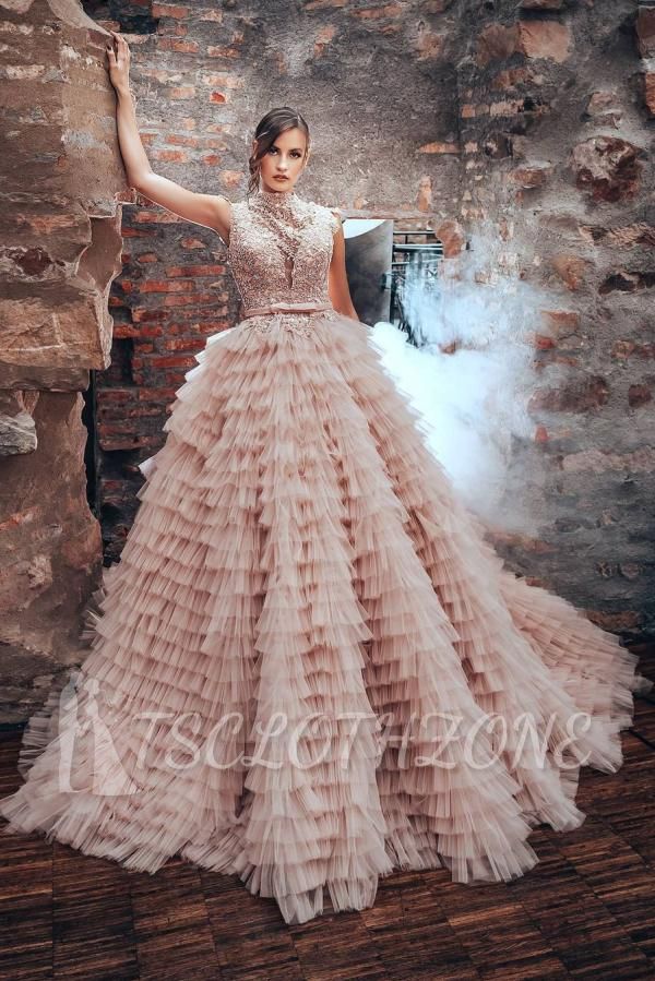 Halter Sleeveless Blush Pink Wedding Dress Aline Tulle Puffy Bridal Dress